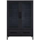 Modern Style Tall Display Cabinet With LED Lighting, Tempered Glass Door, 2 Drawers