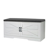 2 Tier Shoe Bench With Padded Seat, 2 Barn Doors And Adjustable Shelves, For Entryway And Living Room - White