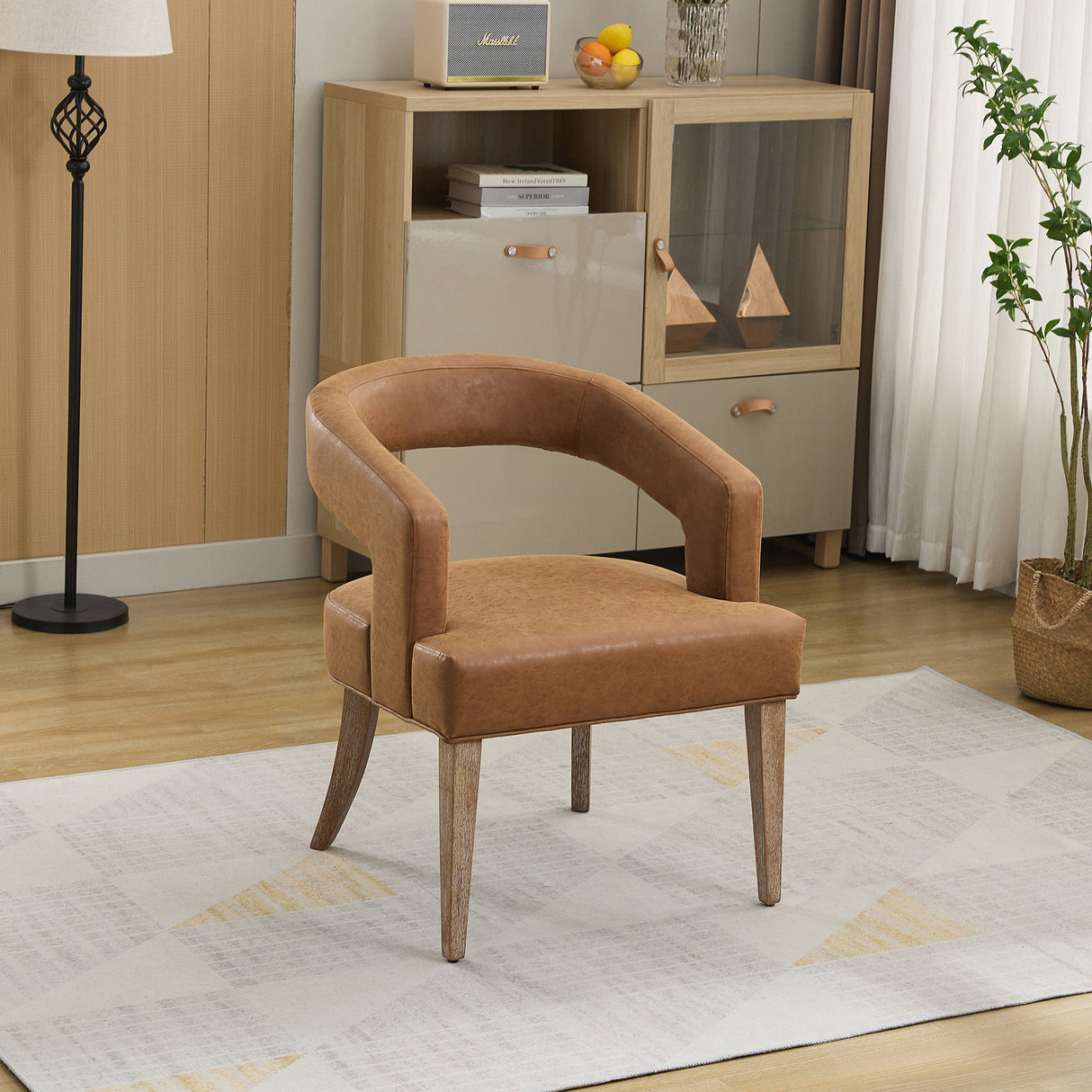 Wide Modern Barrel Open Back Upholstered Accent Chair With Weathered Solid Wood Legs