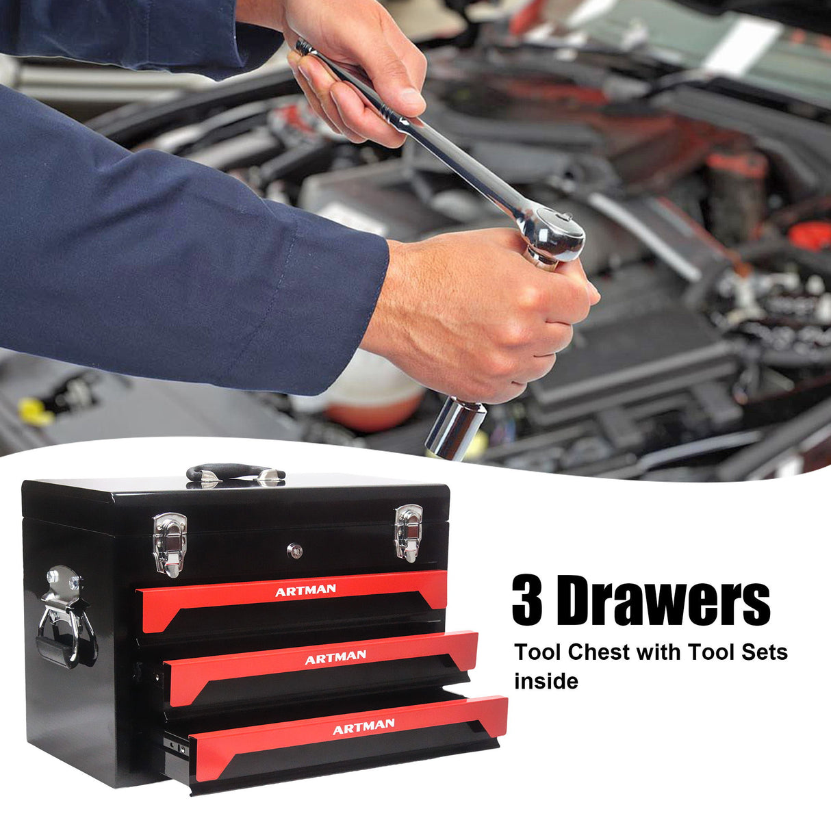 Portable 3 Drawer Steel Toolbox, 4 Layers Of Tools With Metal Latches, With Storage Tray And Carrying Handle