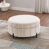 Upholstered Round Ottoman With Reversible Lid, Channel Tufted Pumpkin Shape