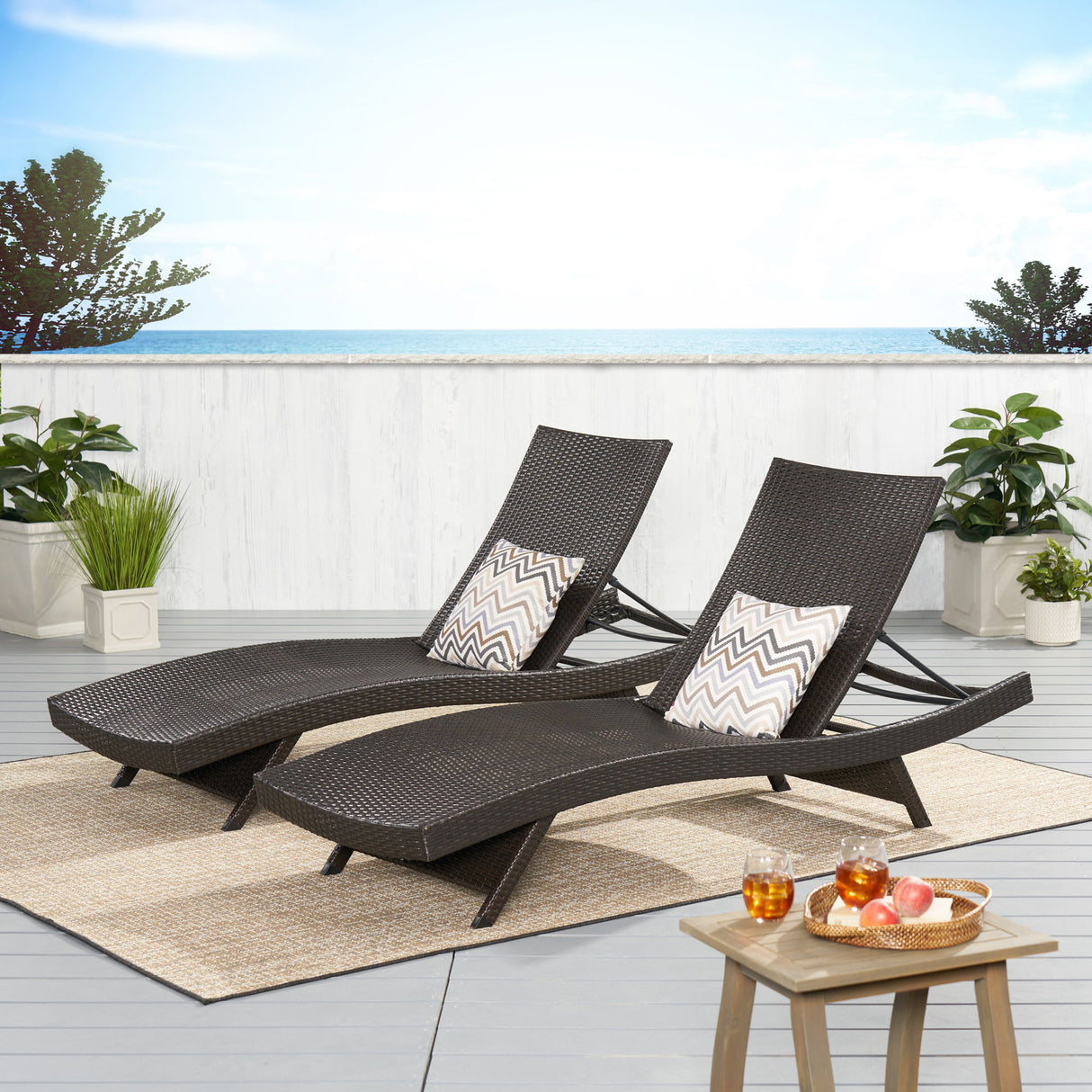 Salem - Wicker Chaise Lounge Adjustable Rattan Outdoor Chair Set - Brown Multi