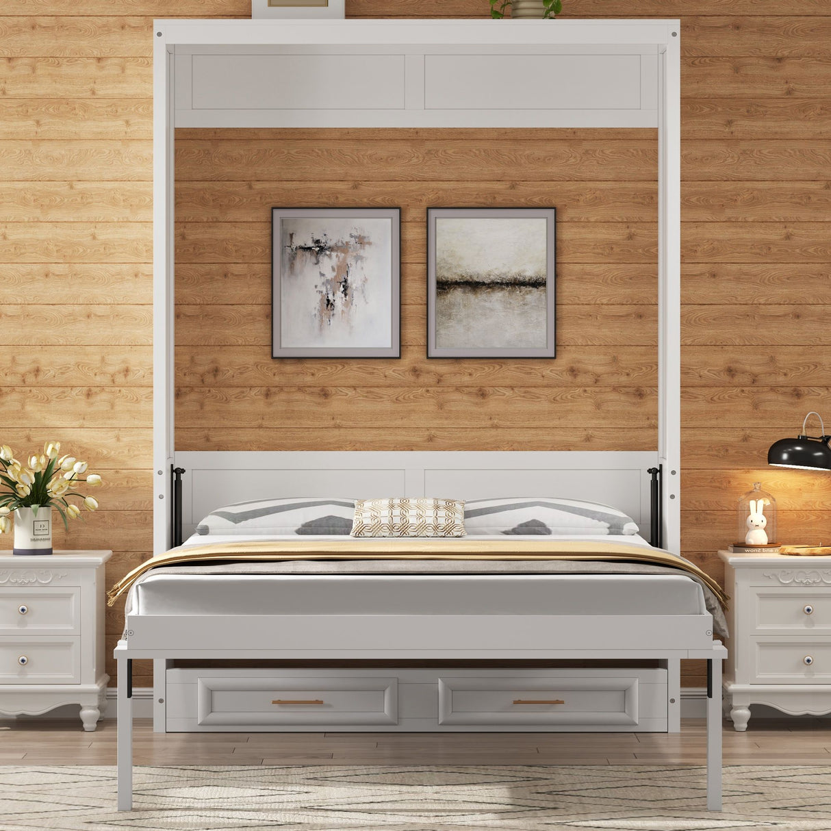 Full Size Murphy Bed With 2 Drawers - Beige