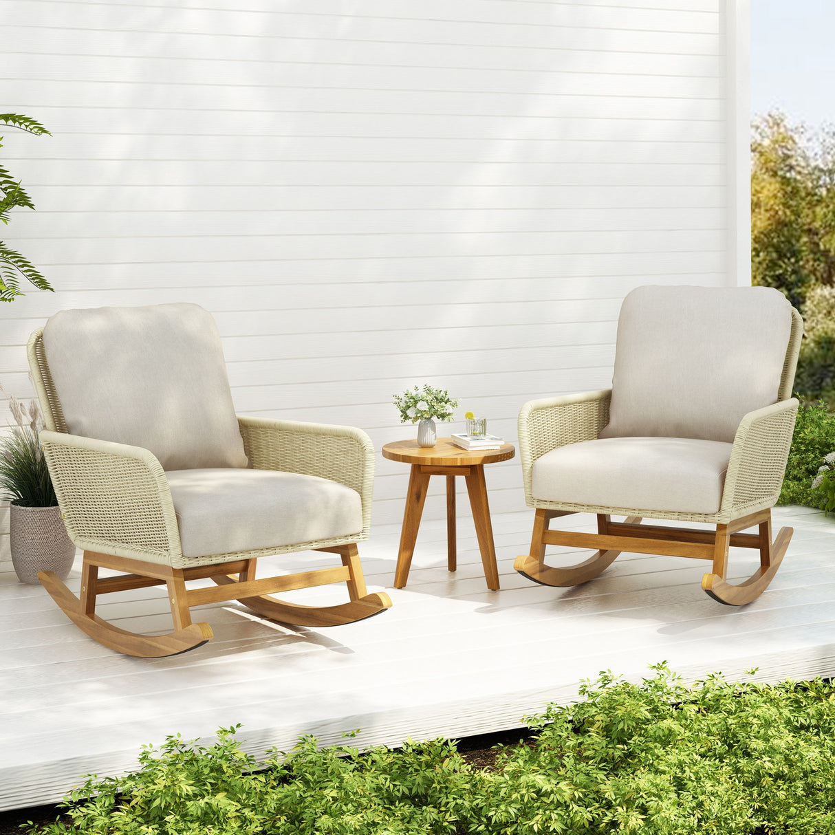 Cushioned Rattan Rocking Chairs With Wooden Accent Table Modern 3 Piece Outdoor Seating Set For Patio Relaxation - Ivory
