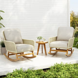 Cushioned Rattan Rocking Chairs With Wooden Accent Table Modern 3 Piece Outdoor Seating Set For Patio Relaxation - Ivory