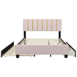 Upholstered Platform Bed With 2 Drawers And 1 Trundle, Classic Strip Headboard Design