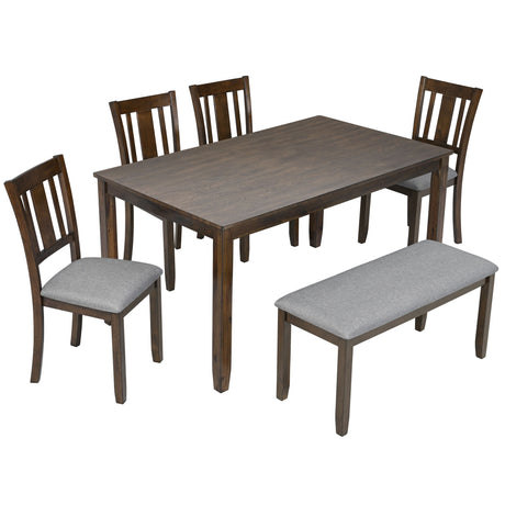 6 Pieces Kitchen Dining Set, Rectangular Wooden Dining Table With 4 Upholstered Chairs And A Bench