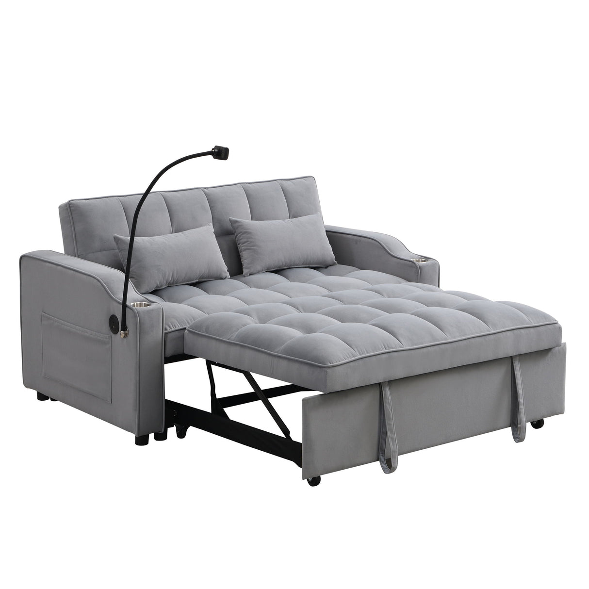 Modern Velvet Loveseat With Pullout Bed, Adjustable Reclining Backrest