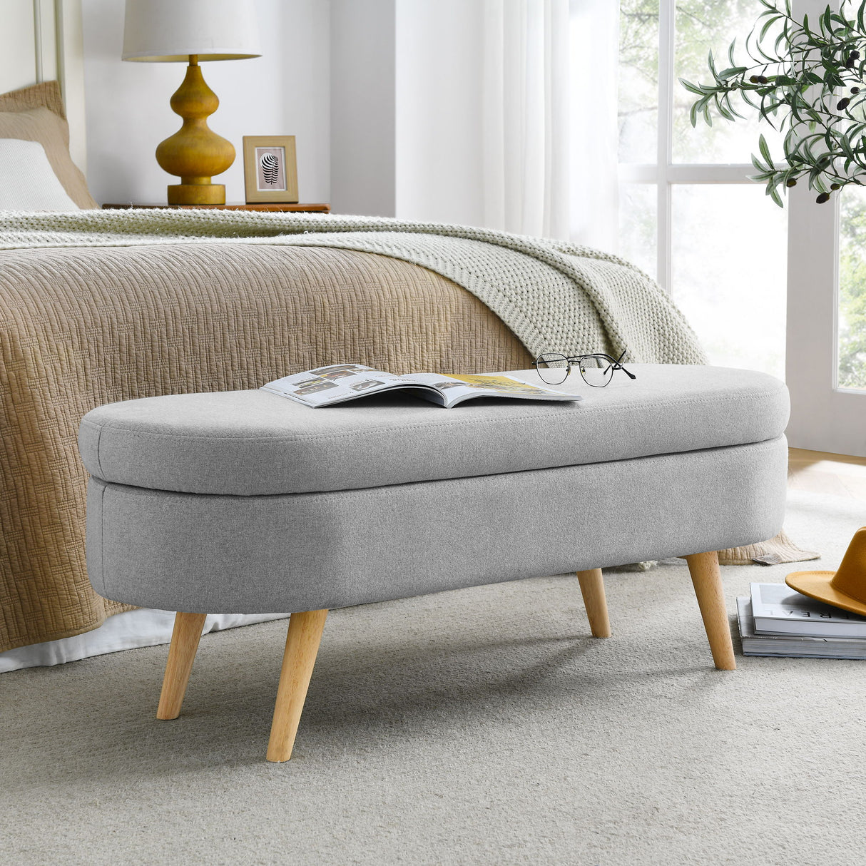 Ottoman Oval Storage Bench With Rubber Wood Legs Linen - Gray