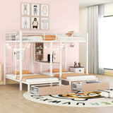 Triple Bunk Bed With Drawers, Multi-Functional Frame With Desks And Shelves In The Middle