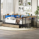 Corner Bed Frame Twin Size With Bookcase And 2 Underbed Storage Drawers, Modern Twin Bed With LED Light And Charging Station, Modern Daybed Reversible Left Or Right - Gray