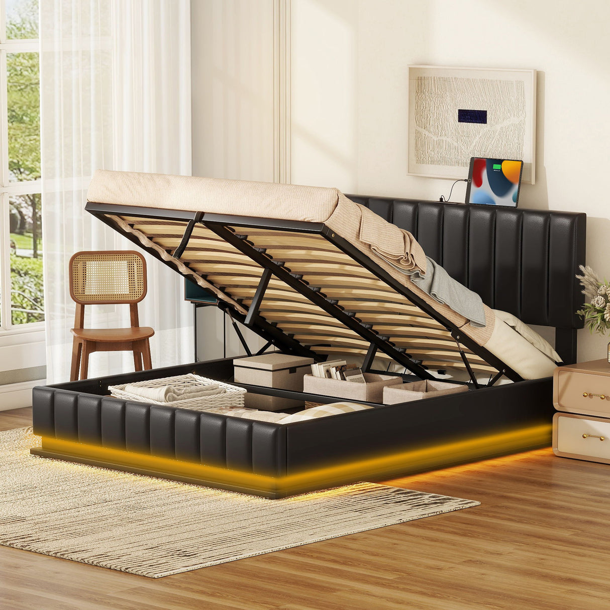 Upholstered Bed With Hydraulic Storage System And LED Light, With Sockets And USB Ports
