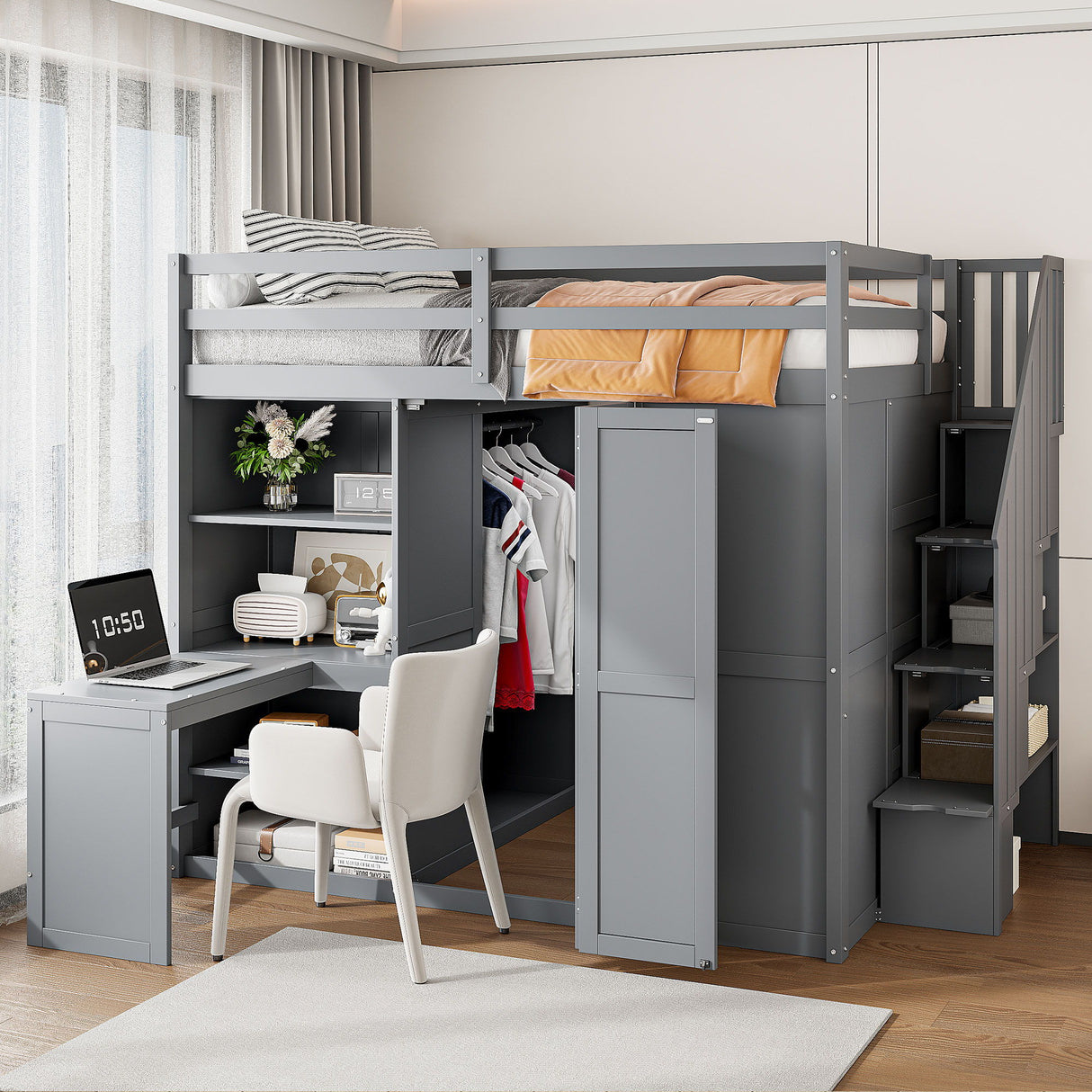 Loft Bed With Wardrobe, Desk And Shelves