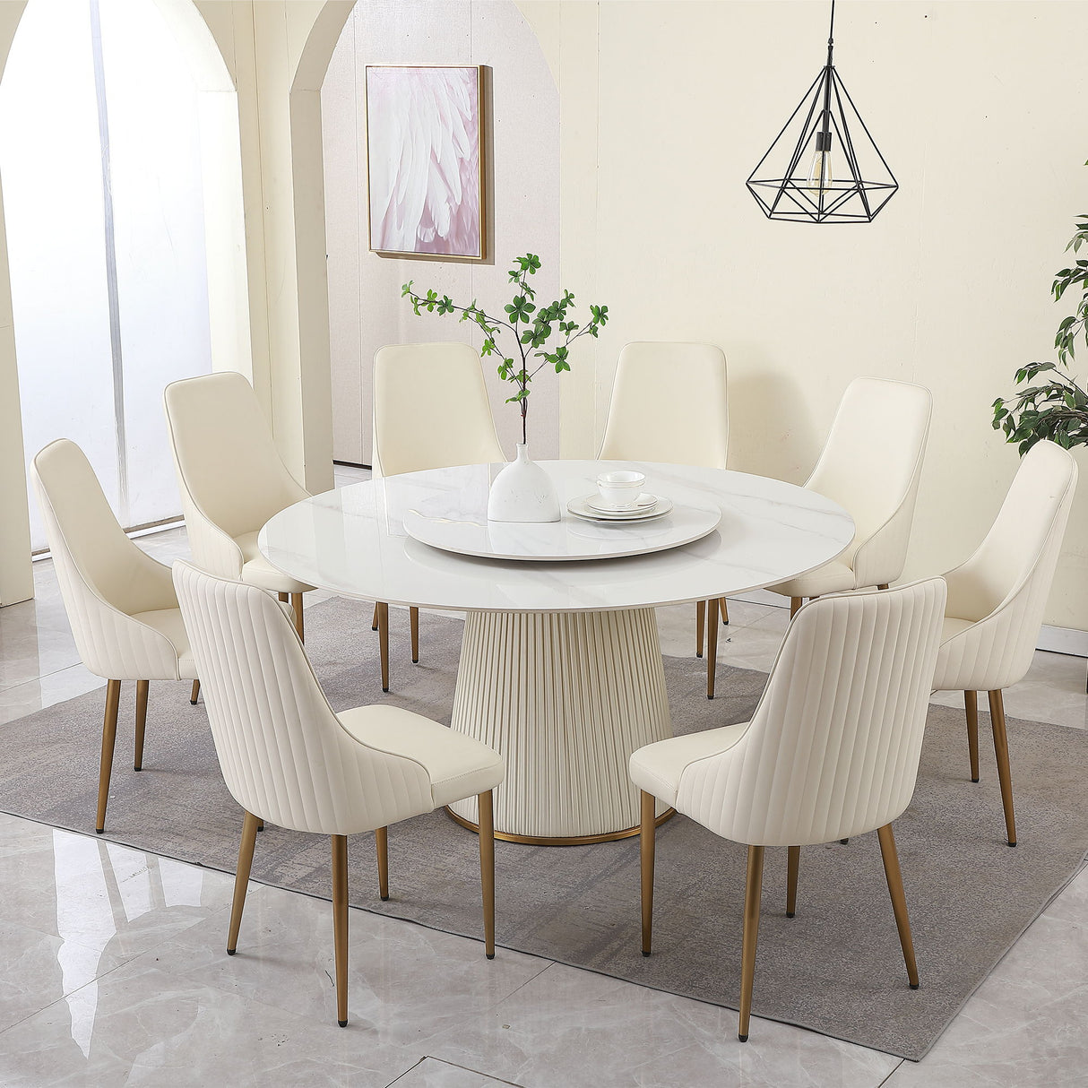 Modern Sintered Stone Dining Table With Round Turntable, Wood And Metal Pedestal, 8 Chairs - White