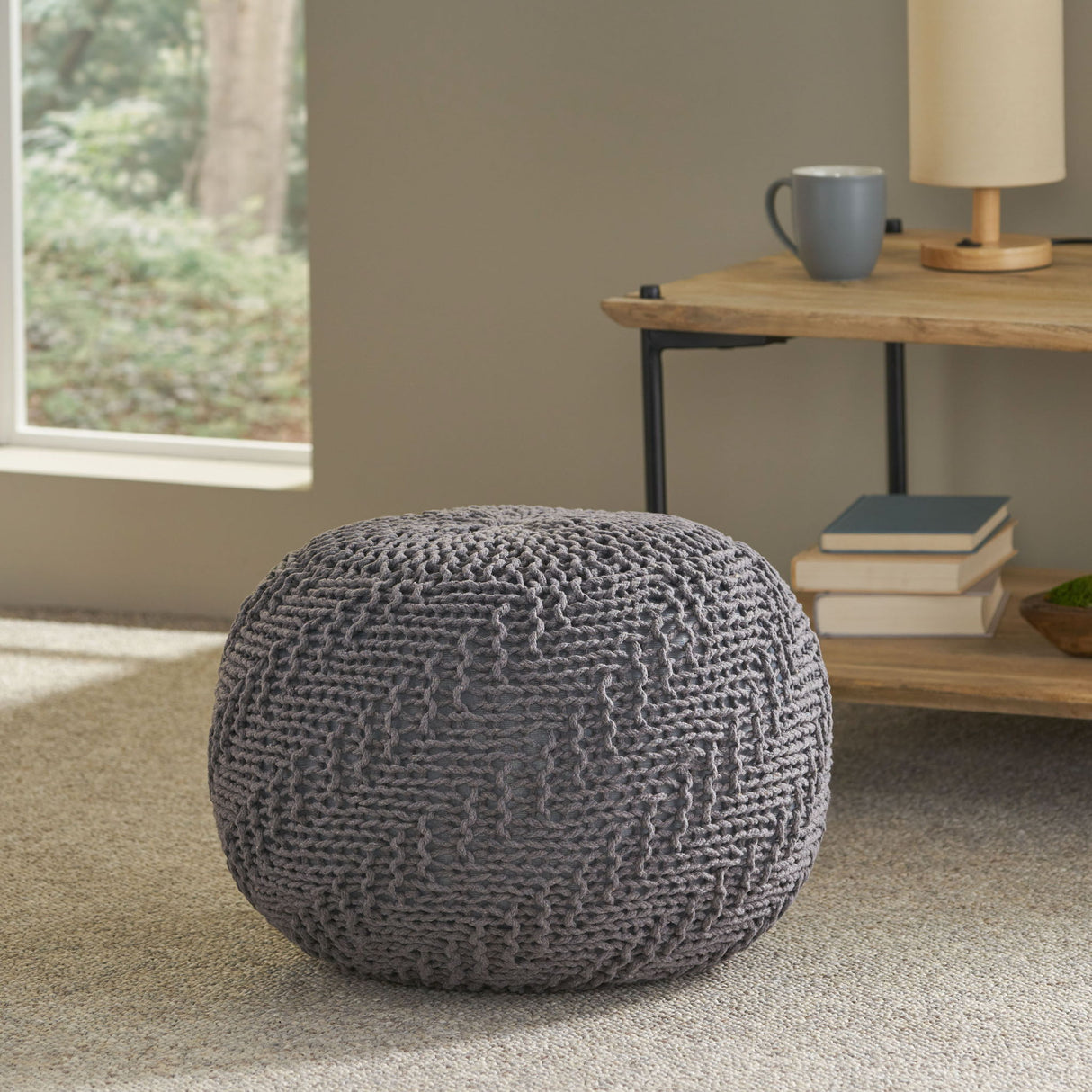 Hazel - Modern Knitted Cotton Yarn Round Pouf With Eco Friendly Pet Fibers - Dark Gray