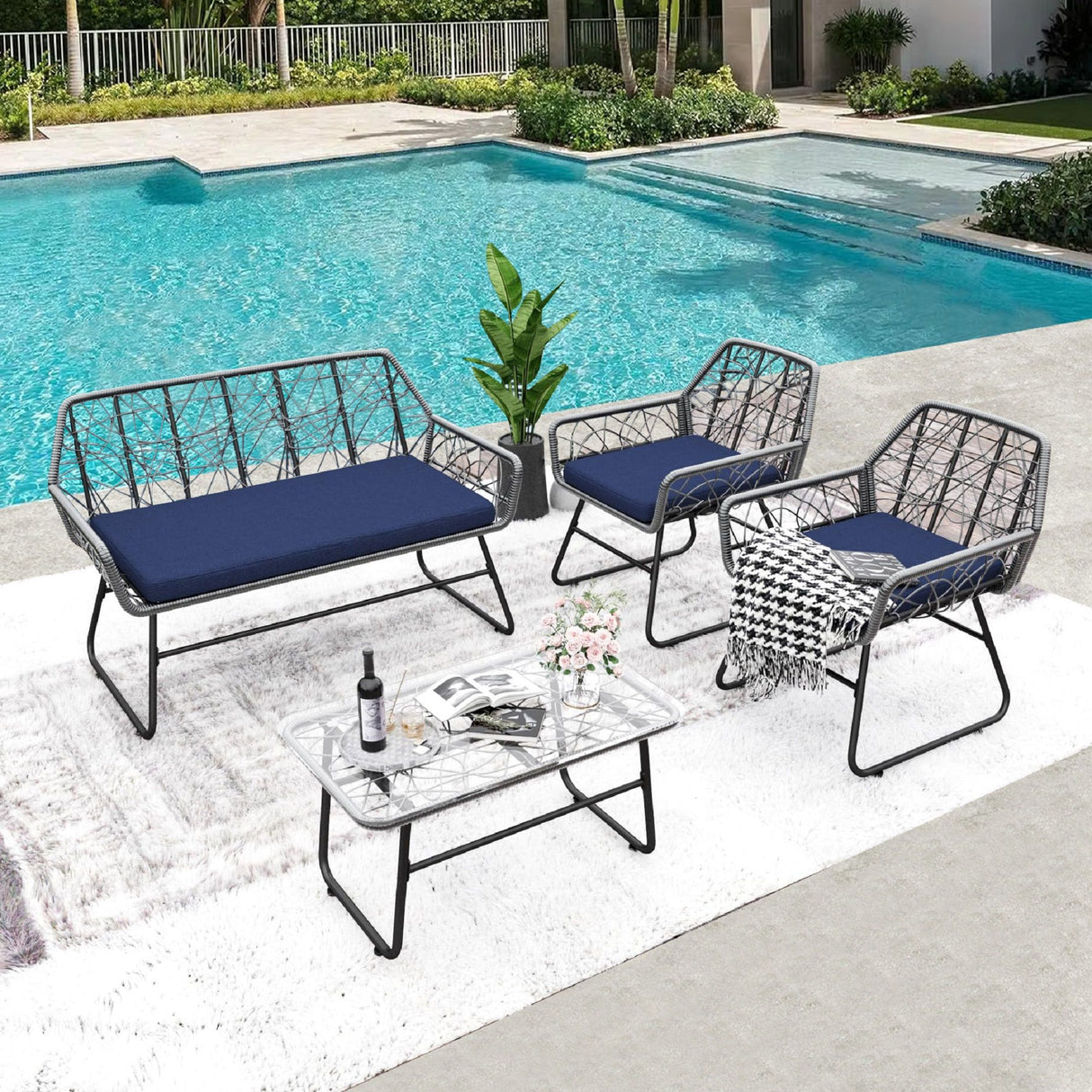 4 Piece Wicker Patio Furniture Set With Tempered Glass Table And Detachable Cushions