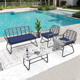4 Piece Wicker Patio Furniture Set With Tempered Glass Table And Detachable Cushions