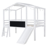 Loft House Bed With Ladder And Slide, With Blackboard And Light Strip On The Roof