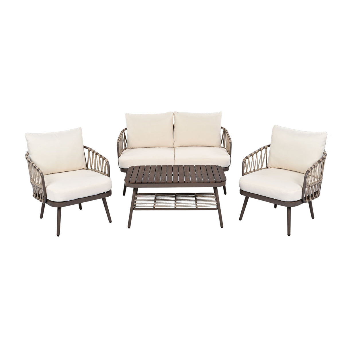 4 Piece Outdoor Patio Furniture Set, Metal Chairs With Woven Rope U Shaped Backrest