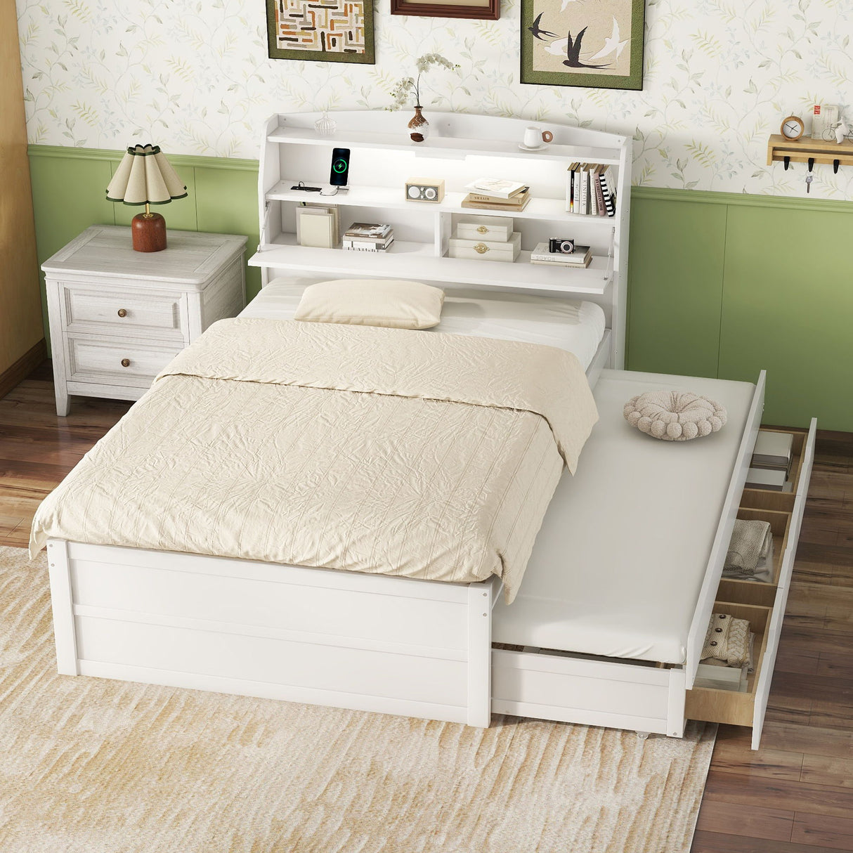 LED Platform Bed With Trundle With Storage Headboard With Drawers