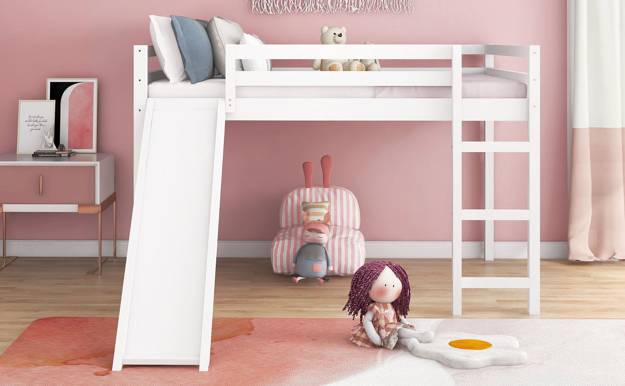 Full Loft Bed With Slide, Multifunctional Design - White