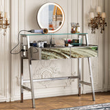 33.9" Mirrored Makeup Vanity Desk With Mirror And Lights, Mirrored Console Vanity Table With 2 Big Drawers & Open Shelf, Dressing Table With Charging Station For Bedroom - Silver