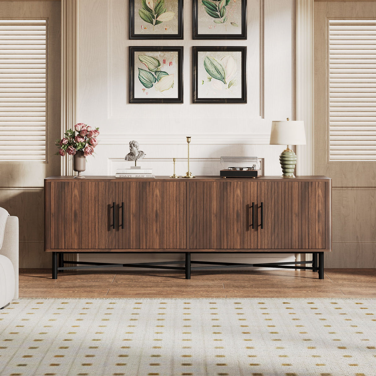 4 Door TV Cabinet, 2 Storage Spaces, Adjustable Shelves