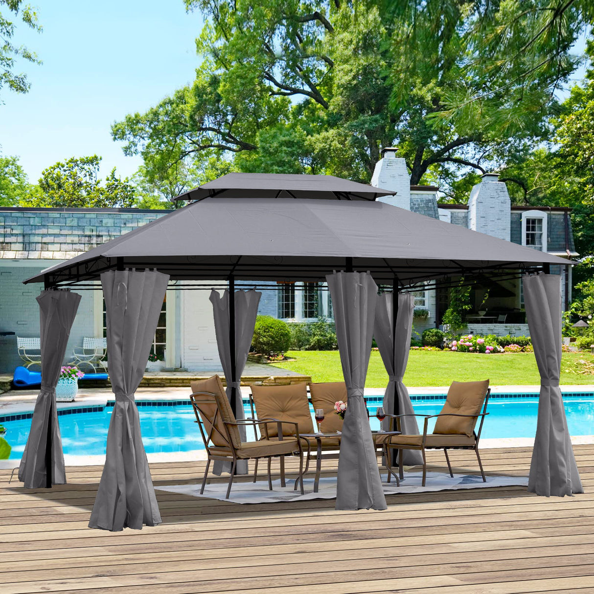 13 0 Ft Outdoor Patio Gazebo Canopy Tent With Ventilated Double Roof And Side Wall (Detachable Curtain Included On All Sides) Suitable For Lawn Garden Backyard And Deck - Gray