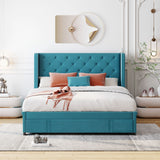 Storage Bed Velvet Upholstered Platform Bed With Wingback Headboard And A Big Drawer