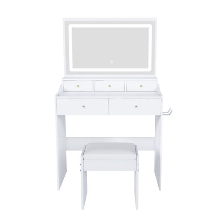 Modern Makeup Vanity Set With Power Outlet, Hair Dryer Holder, And Adjustable Lighting