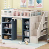 Full Size Loft Bed With 2 Four Layer Storage Cabinets And Curtain With Built In Staircase And Privacy Curtain - White