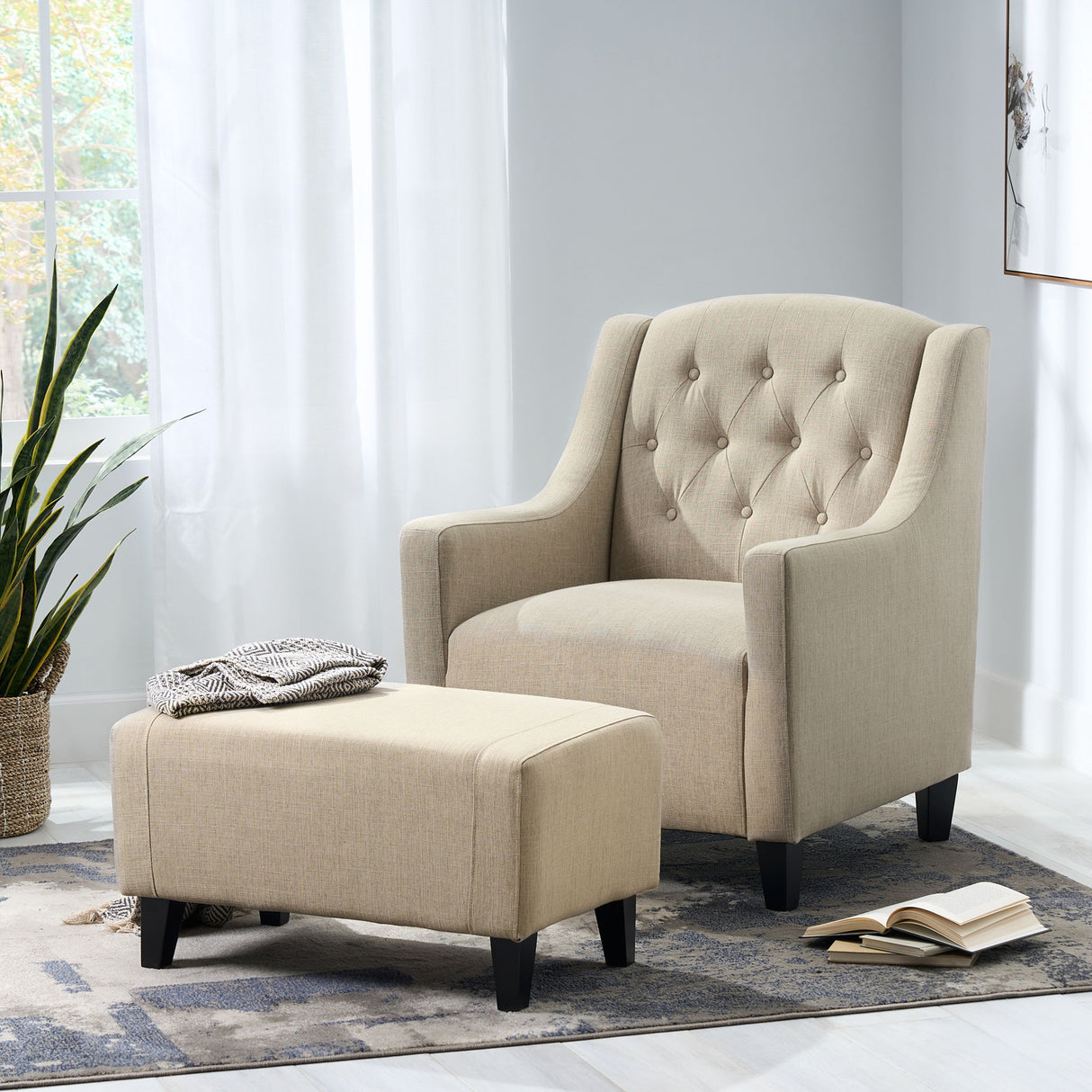 Elegant Upholstered Armchair With Ottoman Set - Beige