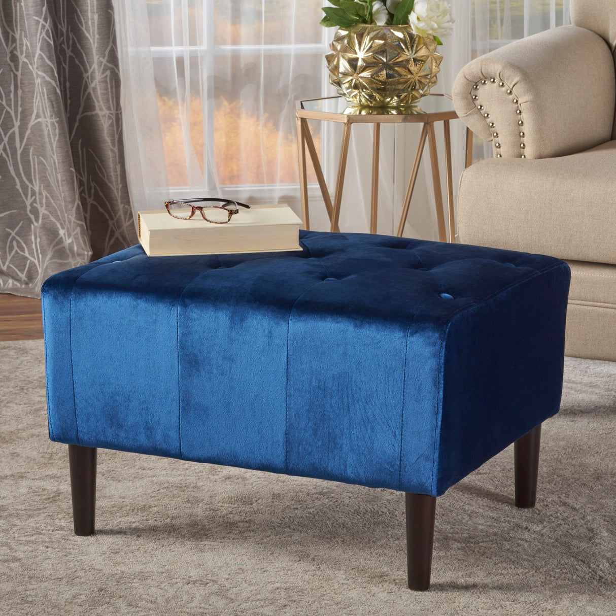 Mid Century Ottoman Velvet With Button Tufting With Birch Wood Legs - Navy Blue