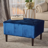 Mid Century Ottoman Velvet With Button Tufting With Birch Wood Legs - Navy Blue