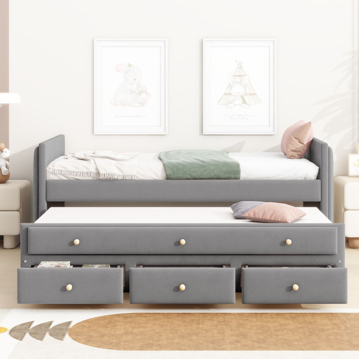 Upholstered Daybed With Trundle And Drawers