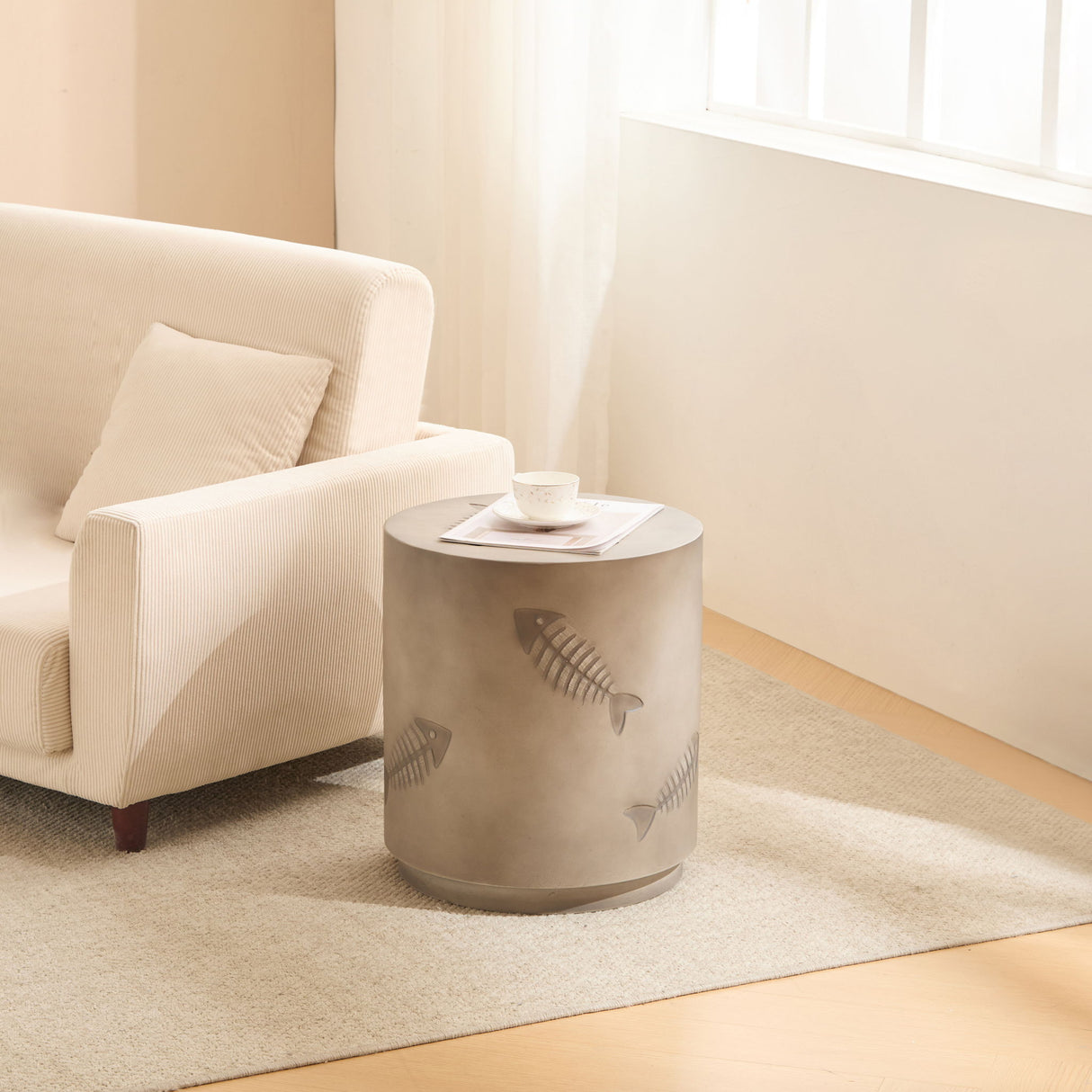 Rustic Magnesium Oxide Side Table With Fish Pattern Design - Gray