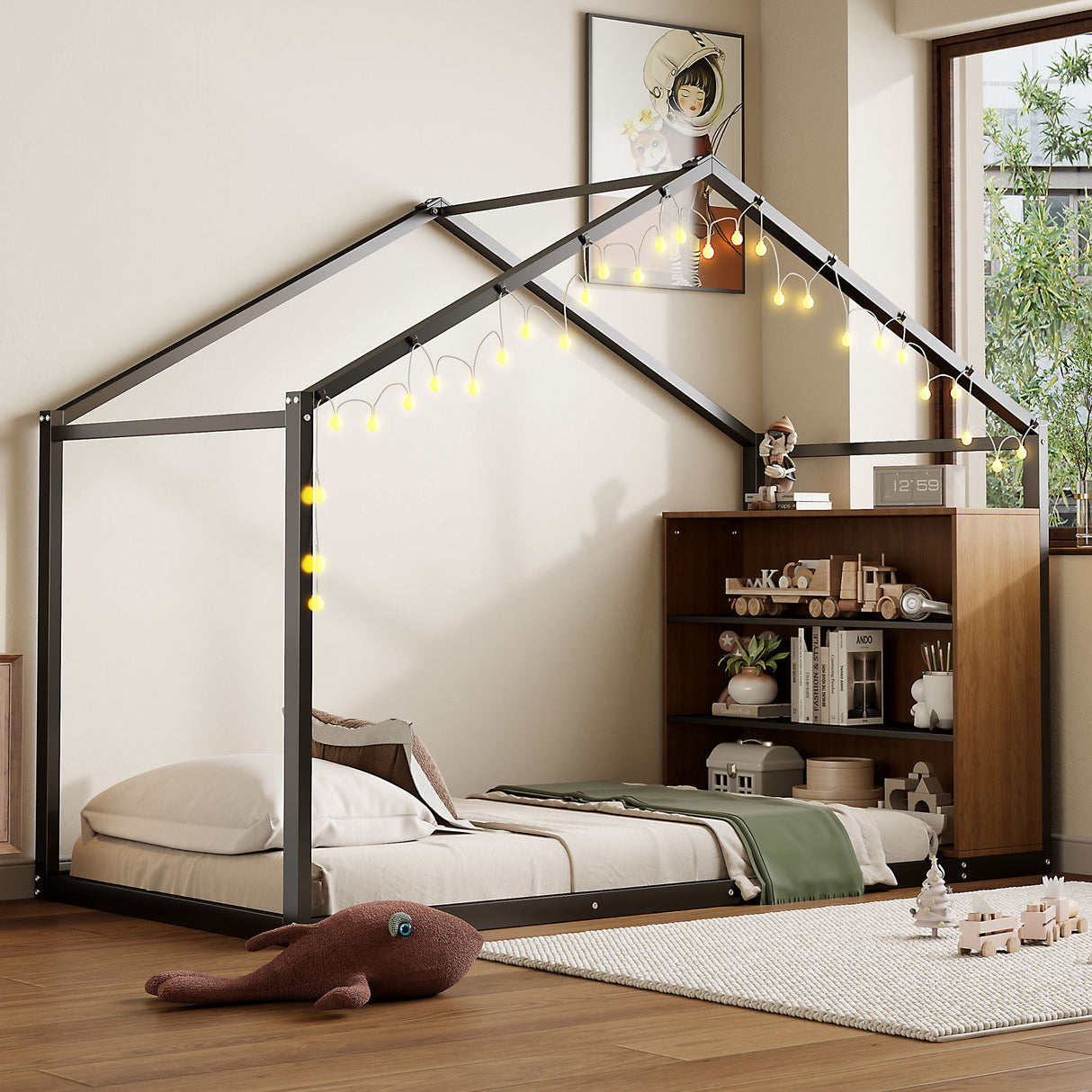 Bed House Frame With Shelves And Lights