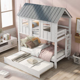 Twin Size House Bunk Bed With Trundle, Roof And Windows - White / Gray