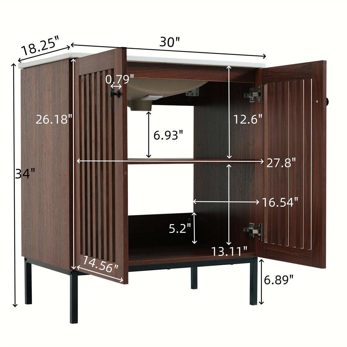 30" Vintage Bathroom Vanity With Ceramic Sink, Modern Bathroom Vanity Cabinet With 2 Soft Close Doors, Equpiied With 4 Sturdy Iron Legs - Antique Dark Brown