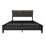 Bed With Charging Station, American Design Upholstered Headboard, Metal Platform