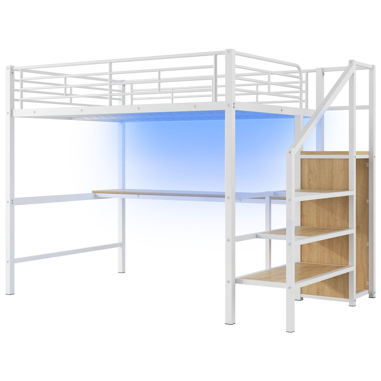 Loft Bed With Desk, Storage Staircase, Small Wardrobe And LED Light