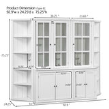 Retro Style Wall Suit With Glass Doors, 75.25" Tall Display Cabinets & Triangle Sided Bookshelves - White