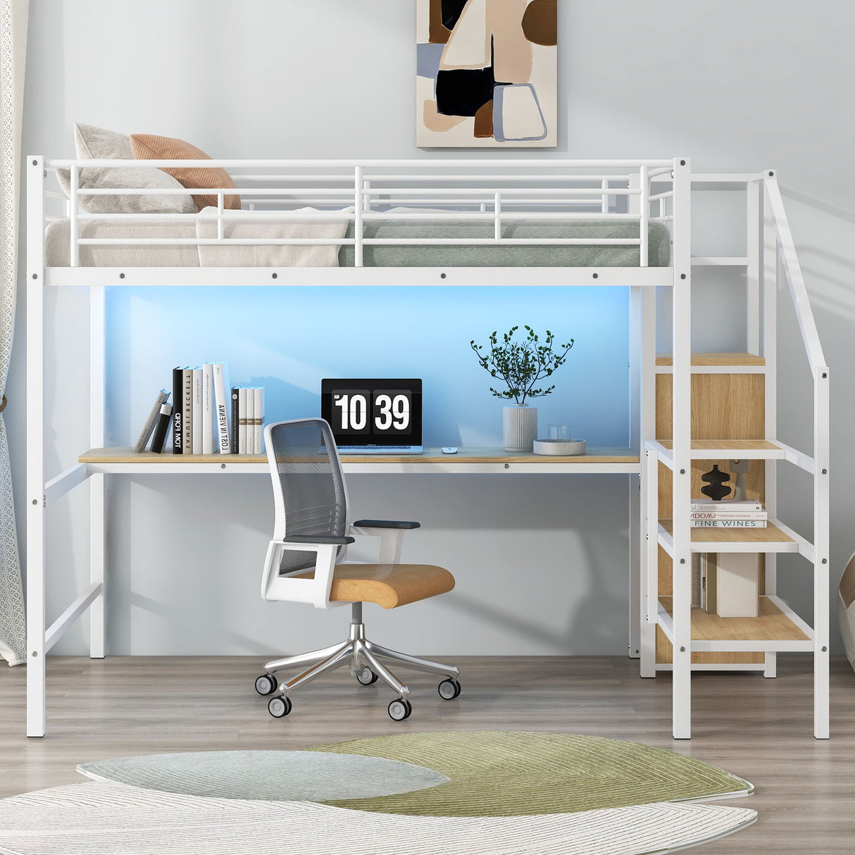 Loft Bed With Desk, Storage Staircase, Small Wardrobe And LED Light