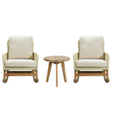 Cushioned Rattan Rocking Chairs With Wooden Accent Table Modern 3 Piece Outdoor Seating Set For Patio Relaxation - Ivory