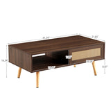 41.34" Rattan Coffee Table, Sliding Door For Storage, Solid Wood Legs, Modern Table For Living Room
