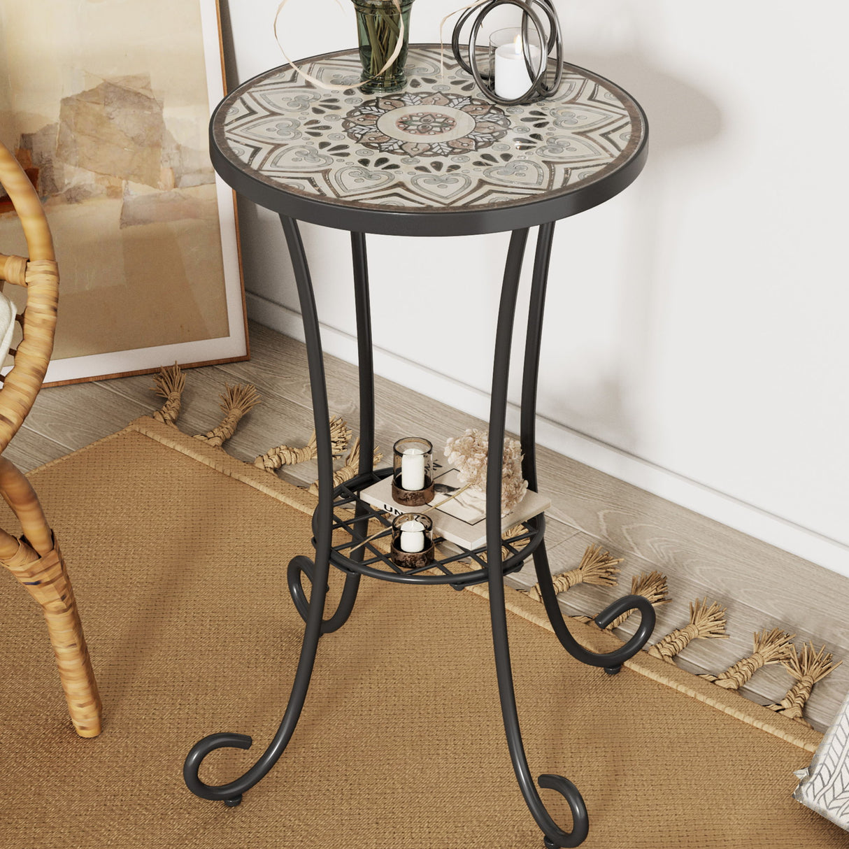 Ceramic Tile And Iron Patio Side Table With Shelf