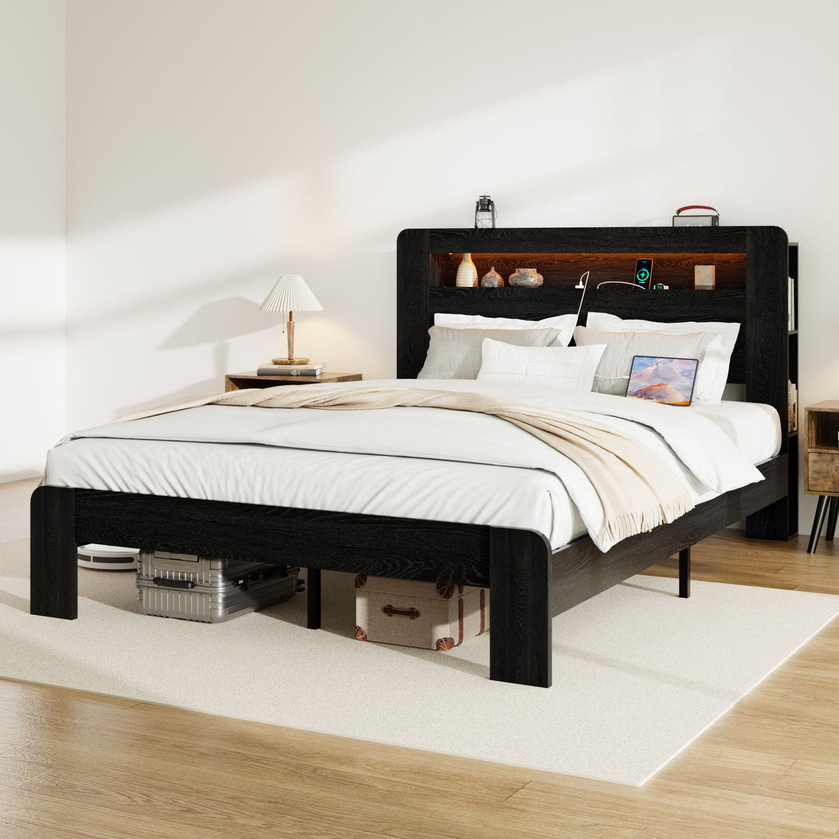 Wood Platform Bed Frame With Storage LED Light Headboard & USB