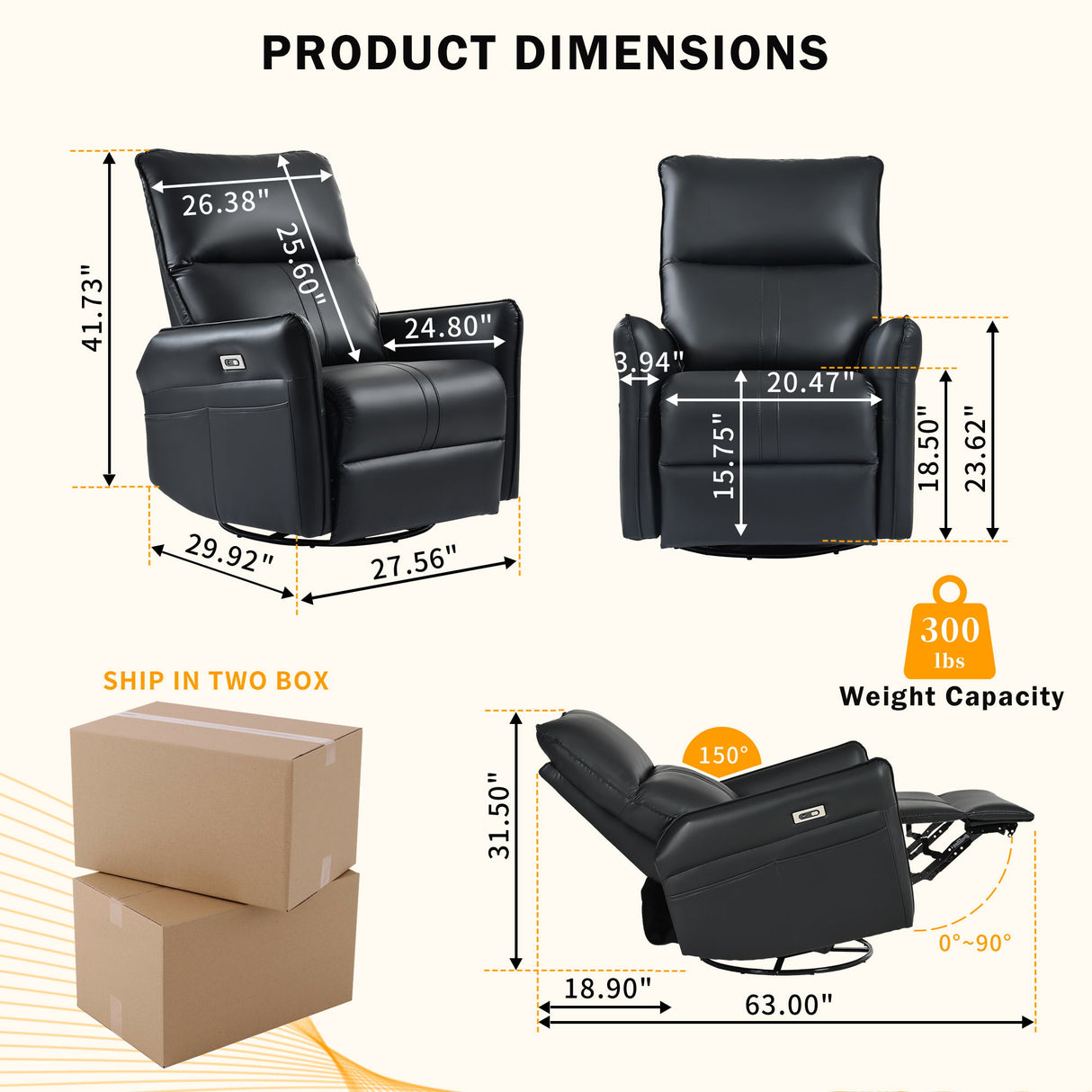 270° Power Swivel Rocker Glider Recliner Chair With USB Ports