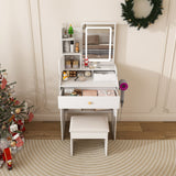 3 Color LED Vanity Mirror With Stool, 2 Drawers & 5 Storage Cabinets, Adjustable Lighting - White