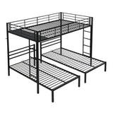 Modern Metal Triple Bunk Bed With Vertical Ladder, Safety Rail, And Storage Shelf - Black